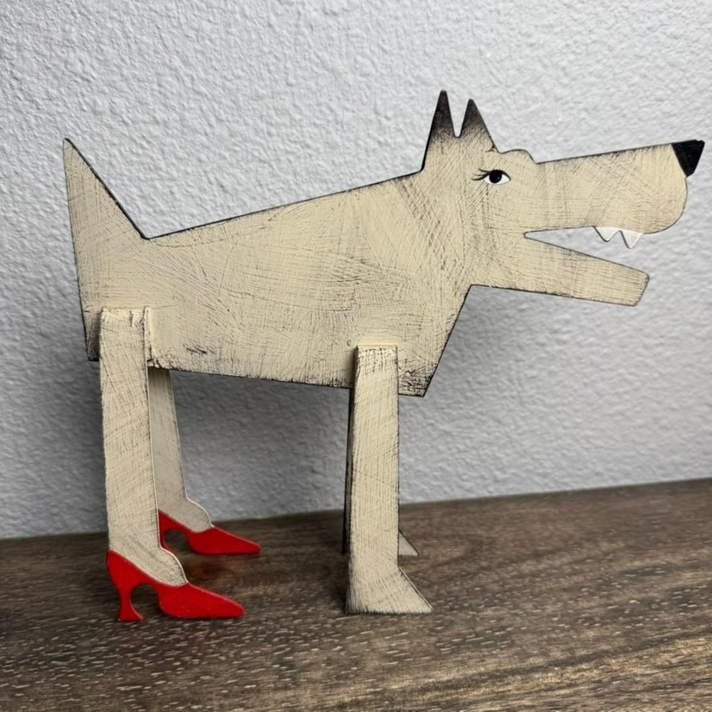 Acme Animal Dog Sculptures Sue Parke Don Gidley Folk Art Metal Pair Red Heels - Picture 5 of 16